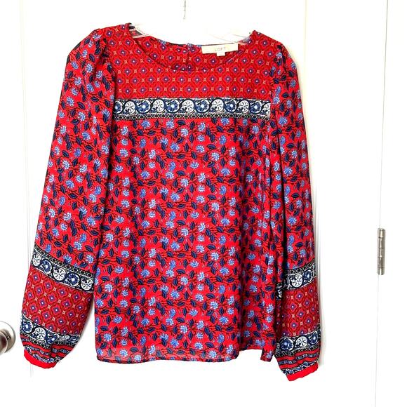 Loft Womens Small LS Red Blue Floral Print Tunic Blouse Lightweight Boho Office - Picture 10 of 10